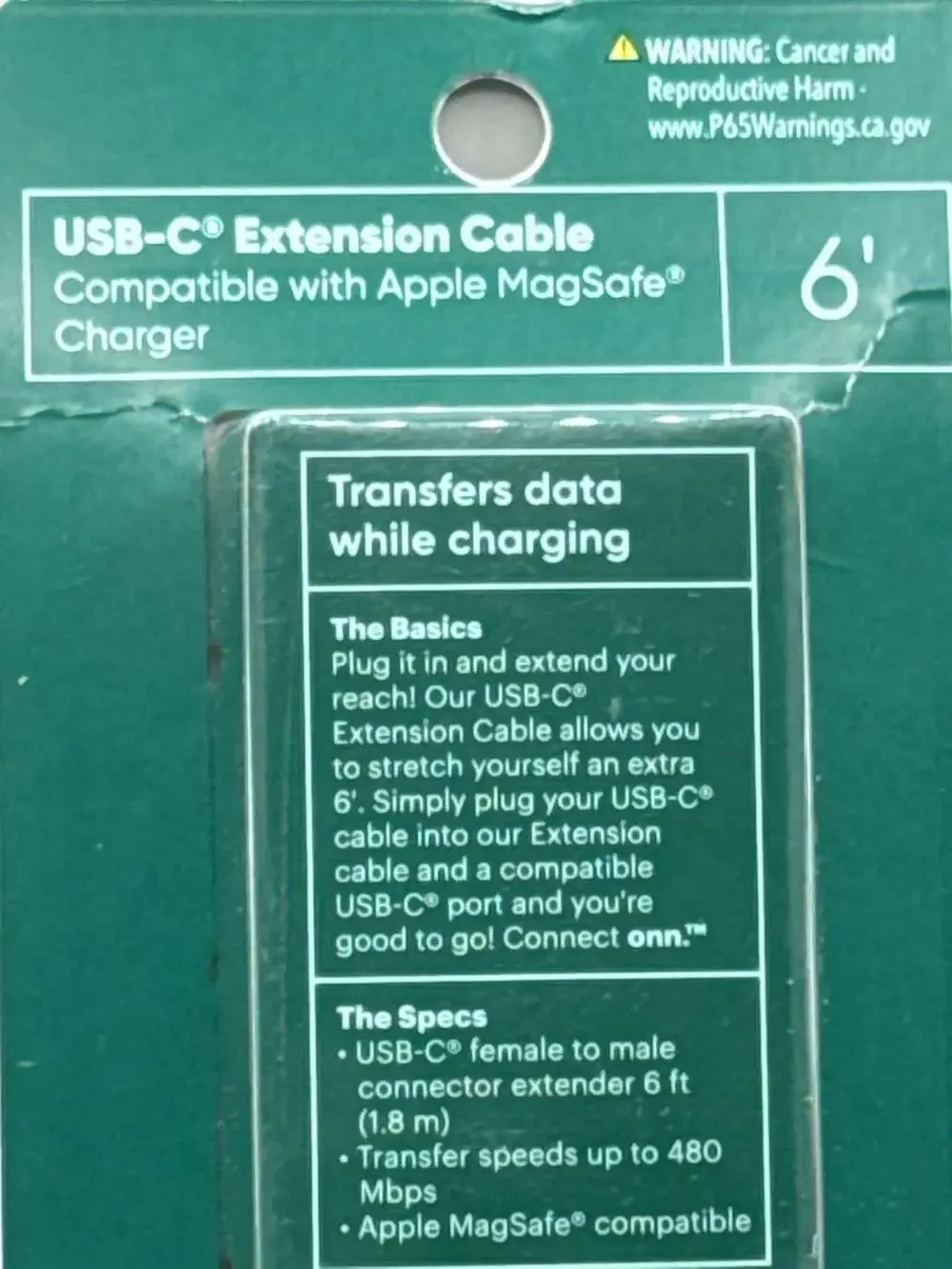 connect onn. USB-C Extension Cable Size 6 ft White